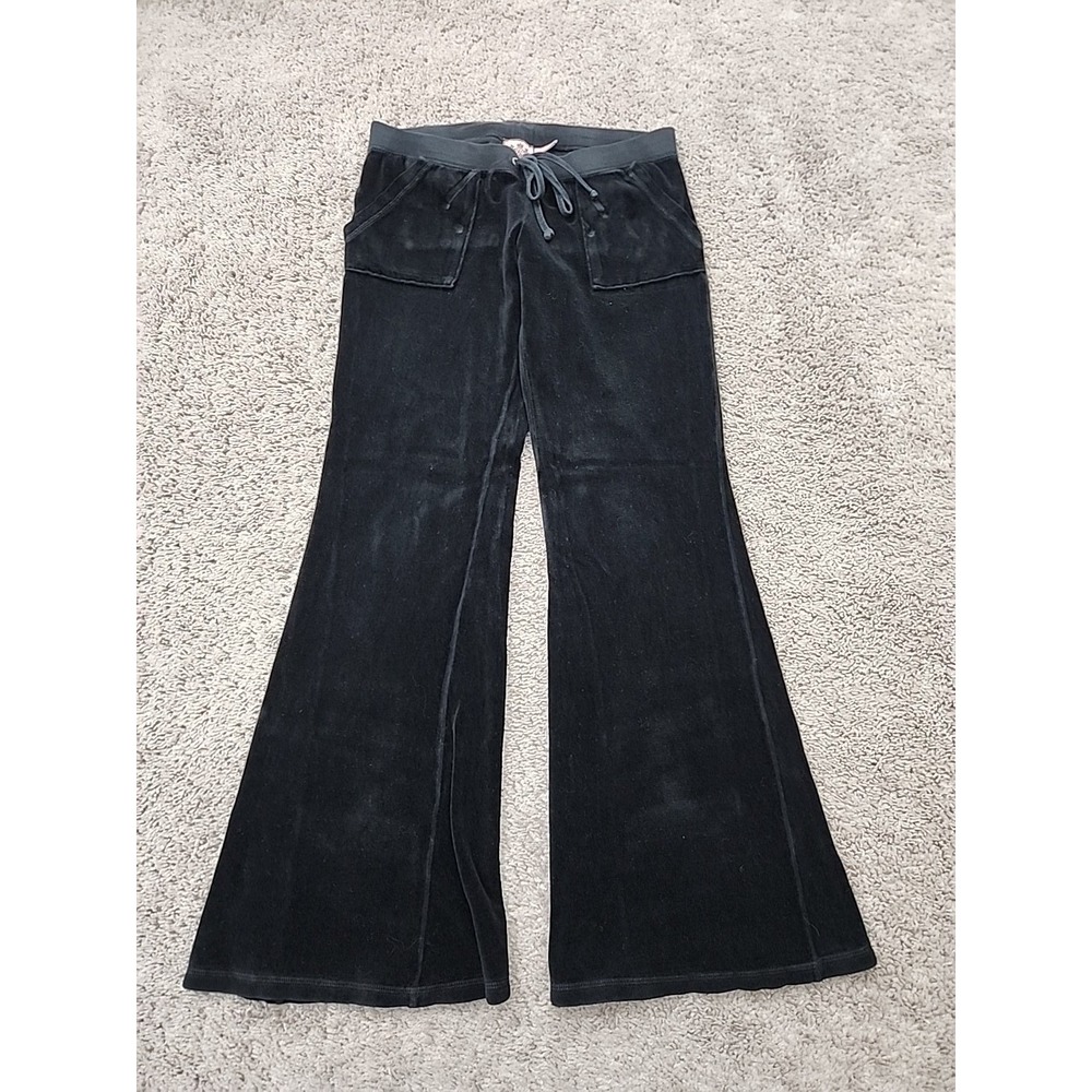Juicy Couture Sweatpants Womens S Black Velour Flare Low Rise Y2K Made in USA